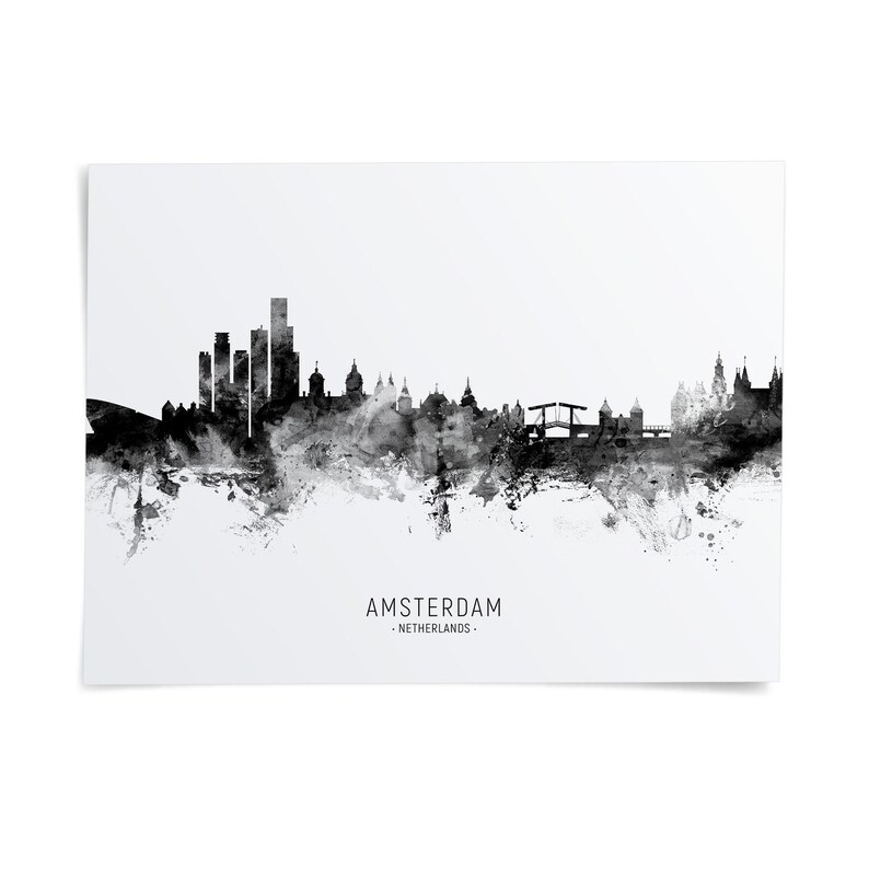 the skyline of Amsterdam, Netherlands, with a black and white color scheme.