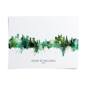 A watercolor-style illustration of the skyline of Palma de Mallorca, Spain, with the city's buildings depicted in shades of green and brown.
