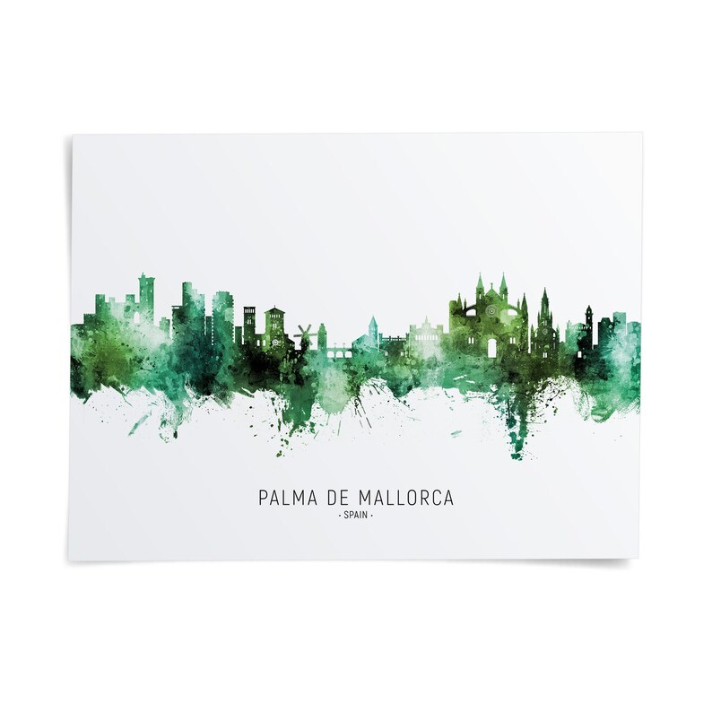 A watercolor-style illustration of the skyline of Palma de Mallorca, Spain, with the city's buildings depicted in shades of green and brown.