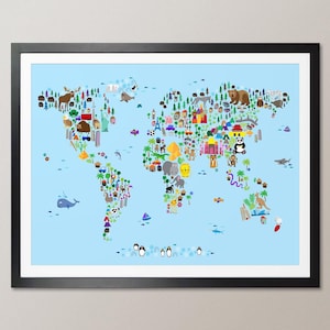 Tierkarte der Welt, Weltkarte für Kinder, Kunstdruck Poster (613)