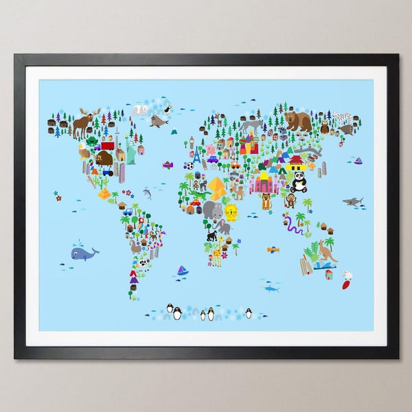 Dierenkaart van de wereld voor kinderen en kinderen, wereldkaart, kunstposter (613)