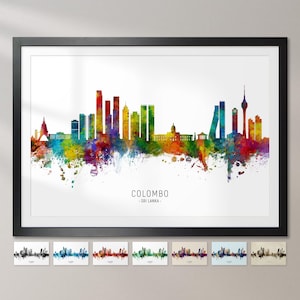 May include: A colourful watercolour cityscape skyline of Colombo, Sri Lanka. The skyline features tall buildings and a few spires. The city is depicted in a vibrant palette of colours, including red, orange, yellow, green, blue, and purple. The skyline is set against a white background.