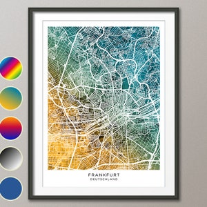 Kaart van Frankfurt, stadsplattegrond van Duitsland, aquarel Art Print Poster (31249)