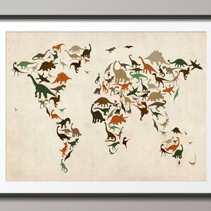 dinosaur map of the world map art print 186 etsy