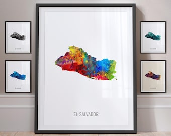Mapa de El Salvador, Póster con impresión artística de pintura a la acuarela, Retrato - MX (10823)