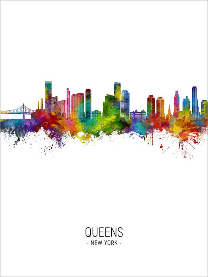 Queens Skyline, Queens New York Cityscape Art Print Poster Portrait 29481 Colour