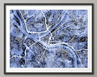 Mapa de Pittsburgh, mapa de calles de la ciudad de Pittsburgh, Pensilvania, impresión artística (1934)