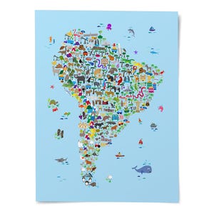 Poster Tierkarte von Südamerika, Landkarte für Kinder und Kids, Art Print Poster (4277)