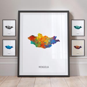 Póster con impresión artística de pintura en acuarela con mapa de Mongolia (MX) (10887)