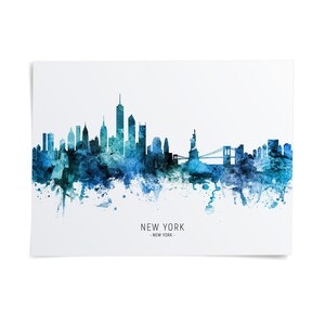 A watercolor painting depicting the skyline of New York City, with the iconic Statue of Liberty and other notable buildings in the background.