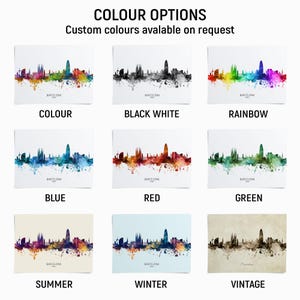 a collage of nine different color options for a Barcelona skyline, each with a unique color scheme. The options include "COLOUR", "BLACK WHITE", "RAINBOW", "BLUE", "RED", "GREEN", "SUMMER", "WINTER", and "VINTAGE".