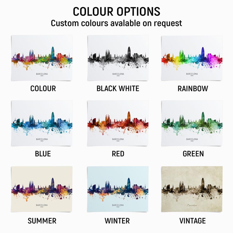 a collage of nine different color options for a Barcelona skyline, each with a unique color scheme. The options include "COLOUR", "BLACK WHITE", "RAINBOW", "BLUE", "RED", "GREEN", "SUMMER", "WINTER", and "VINTAGE".
