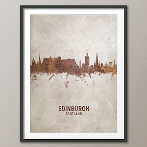 Skyline d'Édimbourg en Écosse, affiche imprimée paysage urbain rouille sur béton (4584)