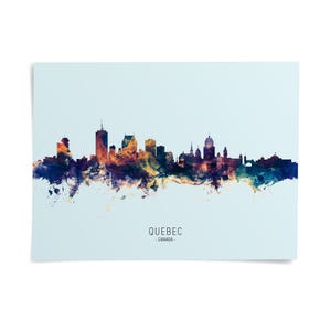 A colorful, abstract representation of the skyline of Quebec, Canada, with various buildings and structures depicted in a stylized manner.
