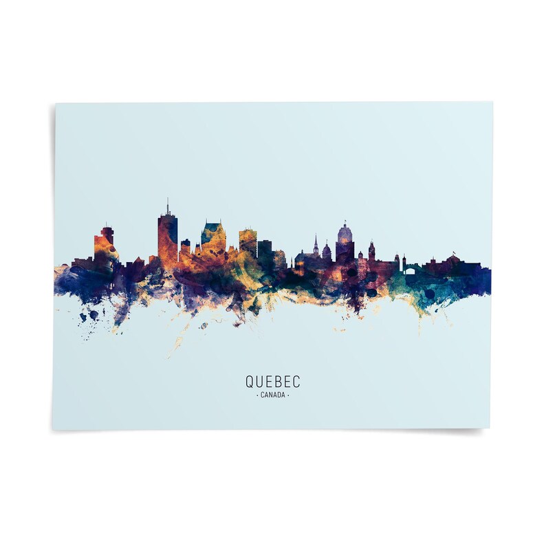 A colorful, abstract representation of the skyline of Quebec, Canada, with various buildings and structures depicted in a stylized manner.