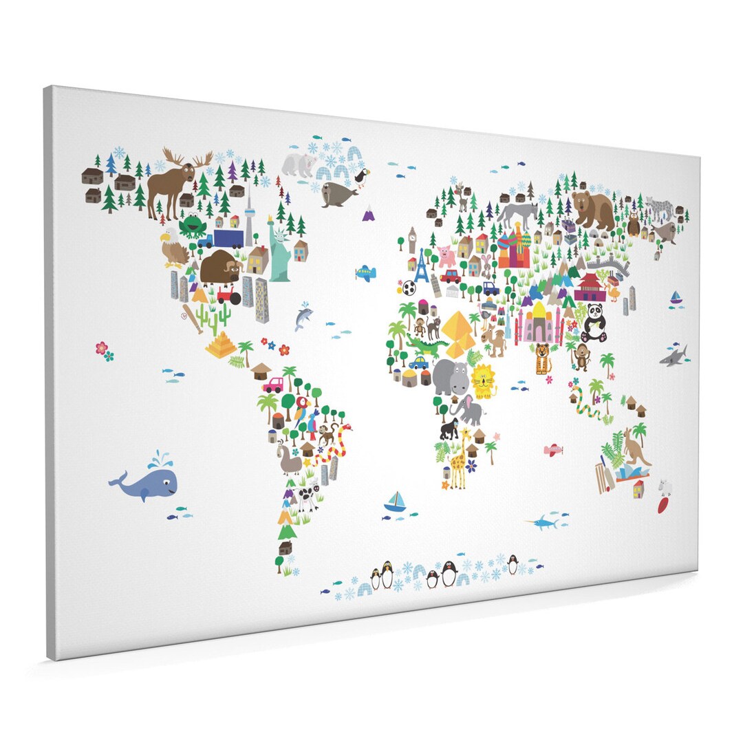 Animal Map of the World Map for Children and Kids, Canvas Art Print (61 ...