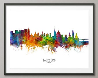 Salzburg Skyline Austria, Cityscape Painting Art Print Poster CX (6664)