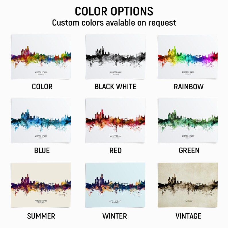 a collection of nine different color options for a cityscape, with each color represented by a unique artwork. The options include "Color," "Black White," "Rainbow," "Blue," "Red," "Green," "Vintage," and "Summer." The color options are available on request, allowing the viewer to choose their preferred color for the artwork.