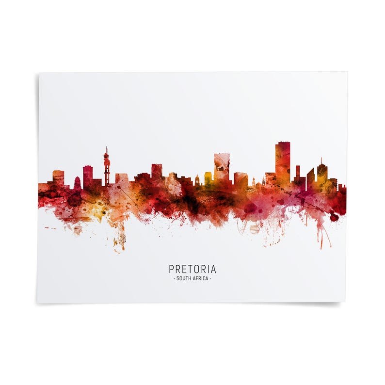The image is a watercolor painting of the Pretoria skyline, depicting the city's iconic buildings and landmarks in a vibrant, colorful style.
