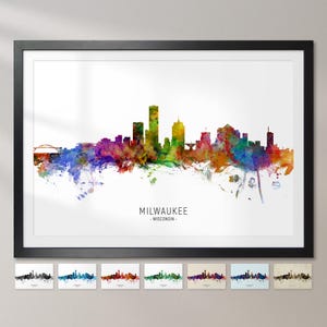 Milwaukee skyline, Wisconsin, stadsgezicht schilderij kunst print poster CX (6574)