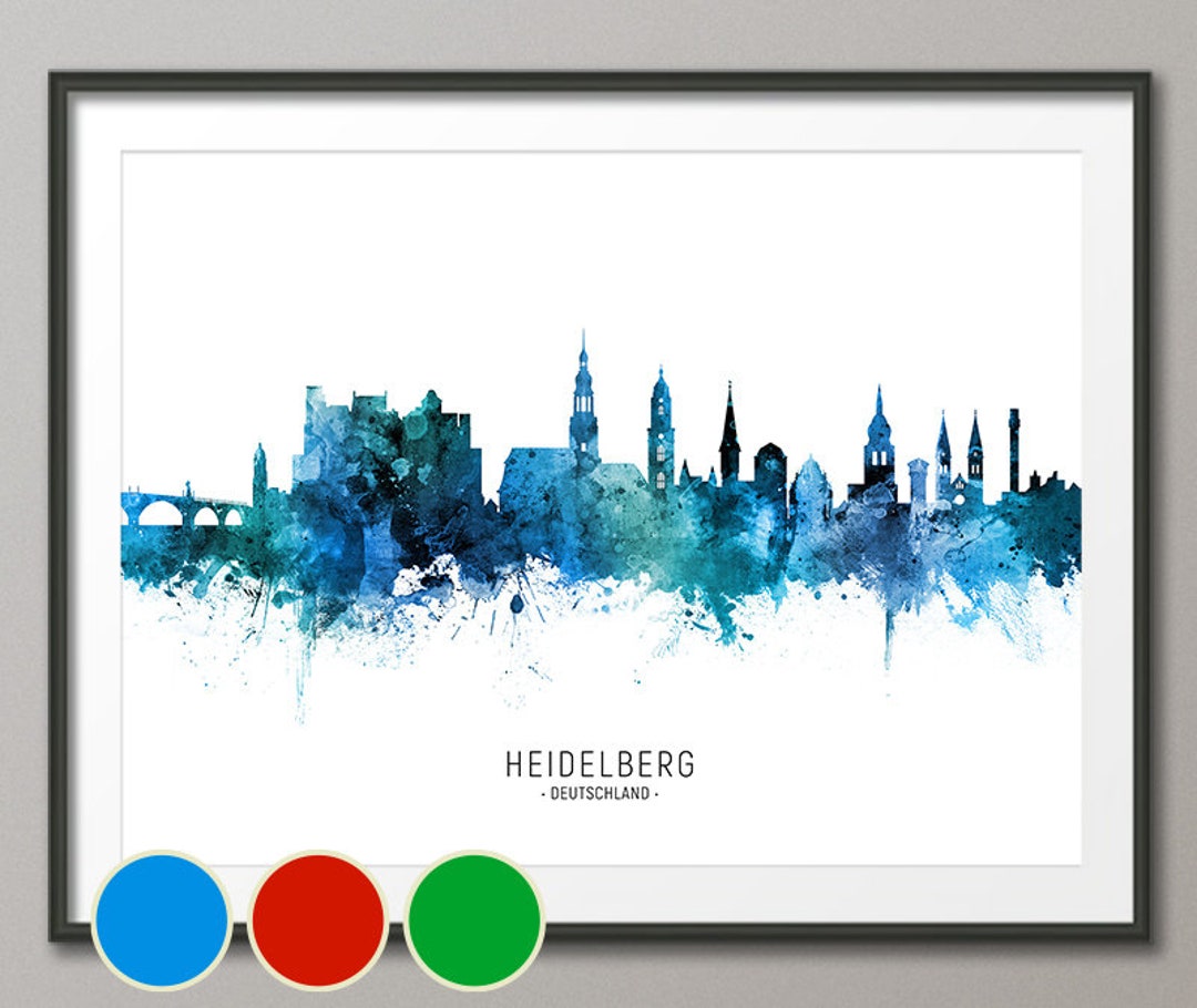 Heidelberg Skyline Deutschland, Cityscape Art Poster Print Blue Red
