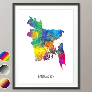 Mapa de Bangladesh, Cartel de impresión de arte de acuarela, color, blanco negro, beige (10779)
