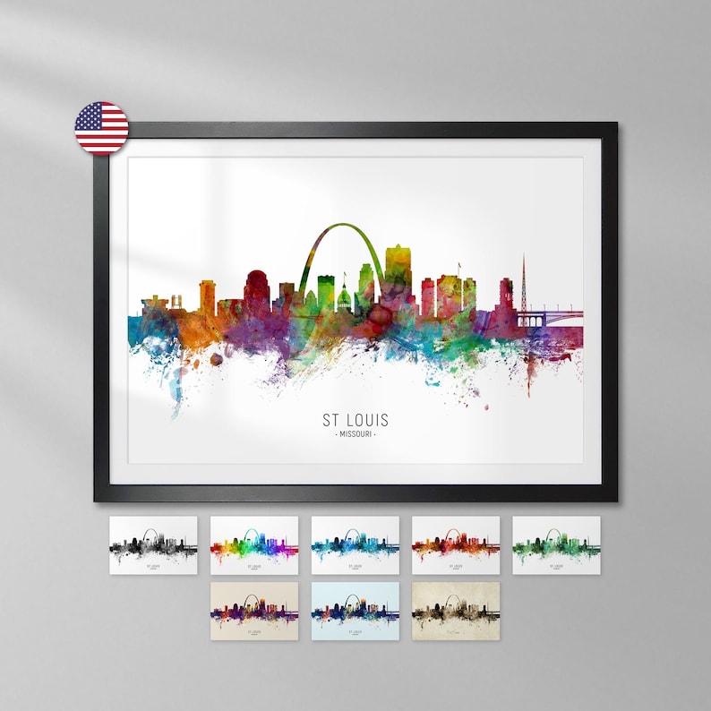 a framed watercolor-style illustration of the St. Louis skyline, with the city's iconic landmarks and buildings depicted in a vibrant, colorful palette.