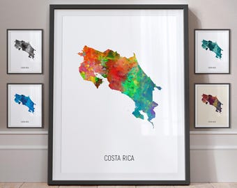 May include: A colorful watercolor map of Costa Rica, with a black frame. The map is surrounded by four smaller framed maps of Costa Rica in different colors.