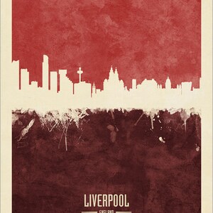 May include: A watercolor-style illustration of the Liverpool skyline in white against a red background. The text "LIVERPOOL" and "ENGLAND" is printed in white below the skyline.