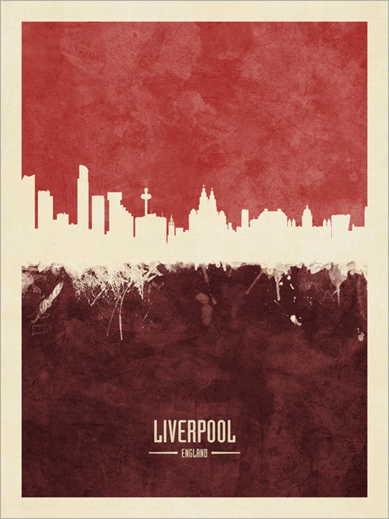 May include: A watercolor-style illustration of the Liverpool skyline in white against a red background. The text "LIVERPOOL" and "ENGLAND" is printed in white below the skyline.