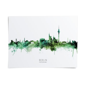 The image is a watercolor painting of the Berlin skyline, featuring the city's iconic landmarks and structures depicted in a stylized, abstract manner.