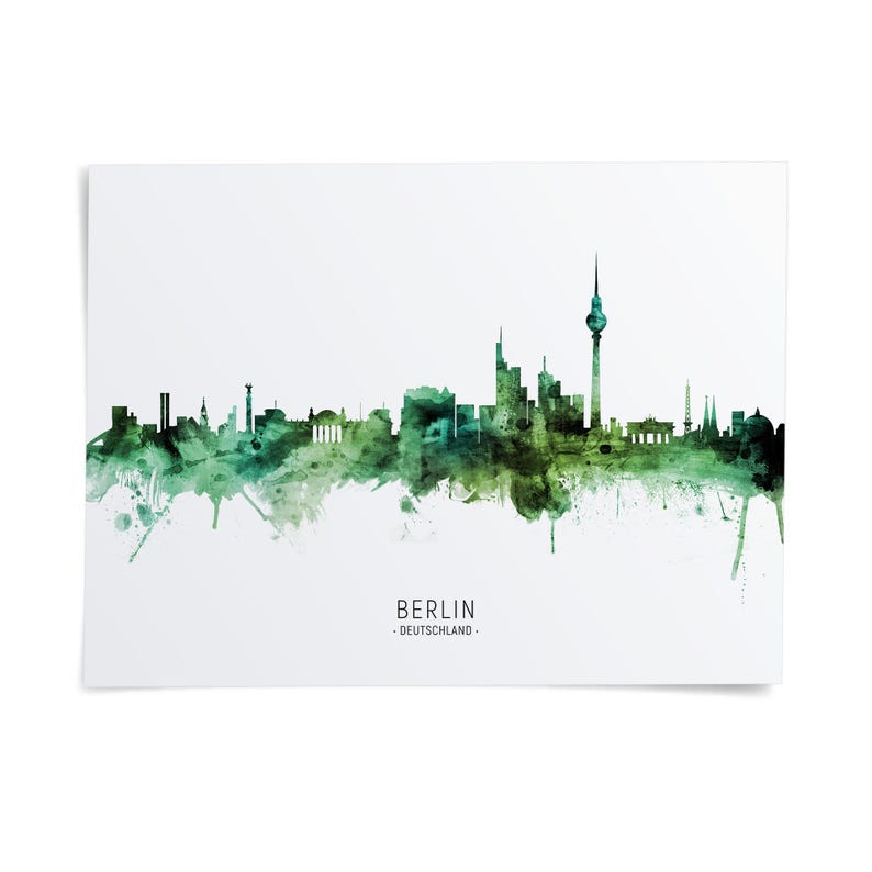 The image is a watercolor painting of the Berlin skyline, featuring the city's iconic landmarks and structures depicted in a stylized, abstract manner.