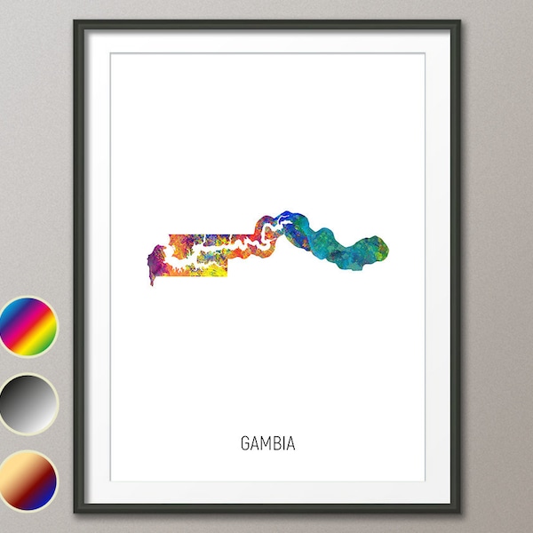 Gambia Karte, Aquarell Kunstdruck Poster, Farbe, Schwarz Weiß, Beige (10834)