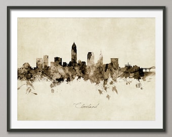Cleveland Skyline Ohio, Cityscape Art Print Poster Vintage Sepia (9032)