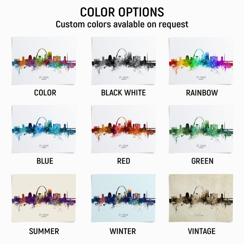 a collage of nine different color options for a watercolor-style representation of the St. Louis skyline, each with a unique color scheme.