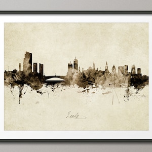 Póster con impresión artística del horizonte de Leeds, Inglaterra, paisaje urbano, sepia vintage (9000)