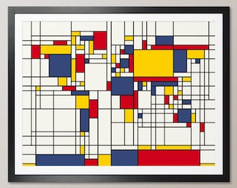 Map of the World Map in the style of Piet Mondrian, Art Print WM (202)