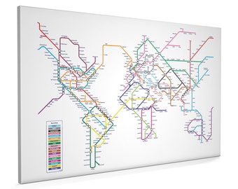 World Map as a Tube Metro System, Canvas Art Print (596)