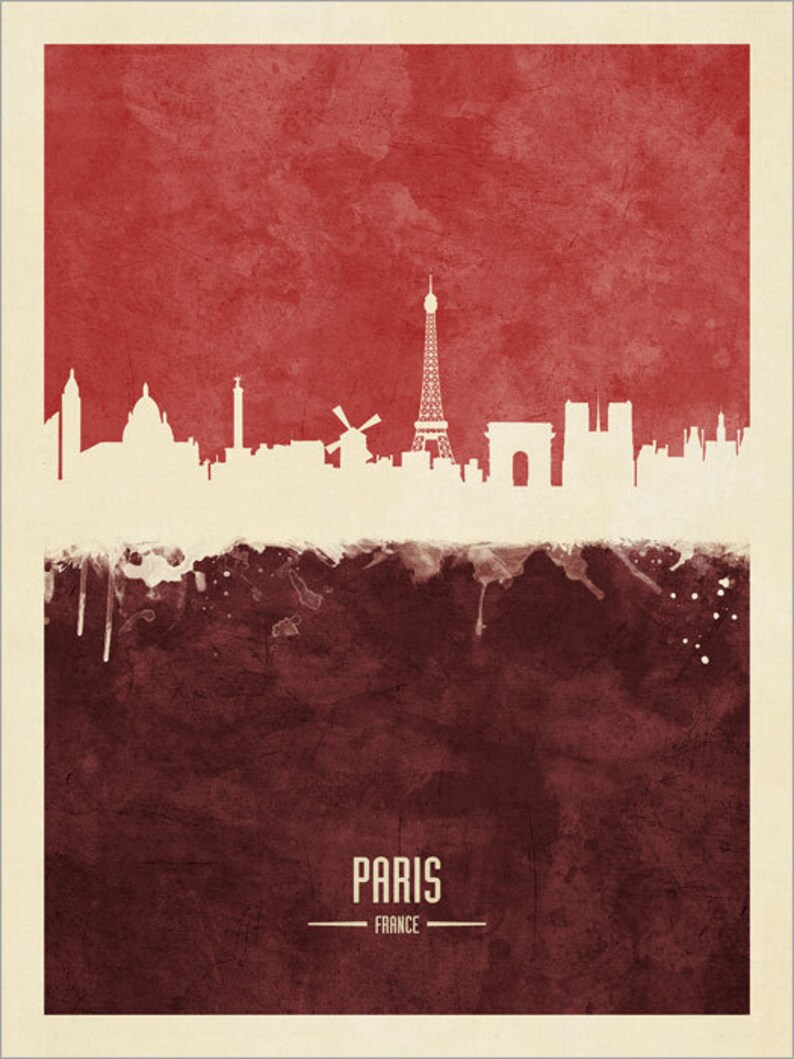 May include: A watercolor-style illustration of the Paris skyline, featuring the Eiffel Tower, the Arc de Triomphe, and other iconic landmarks. The skyline is set against a red background with a brown watercolor wash at the bottom. The text "PARIS - FRANCE" is printed below the skyline.
