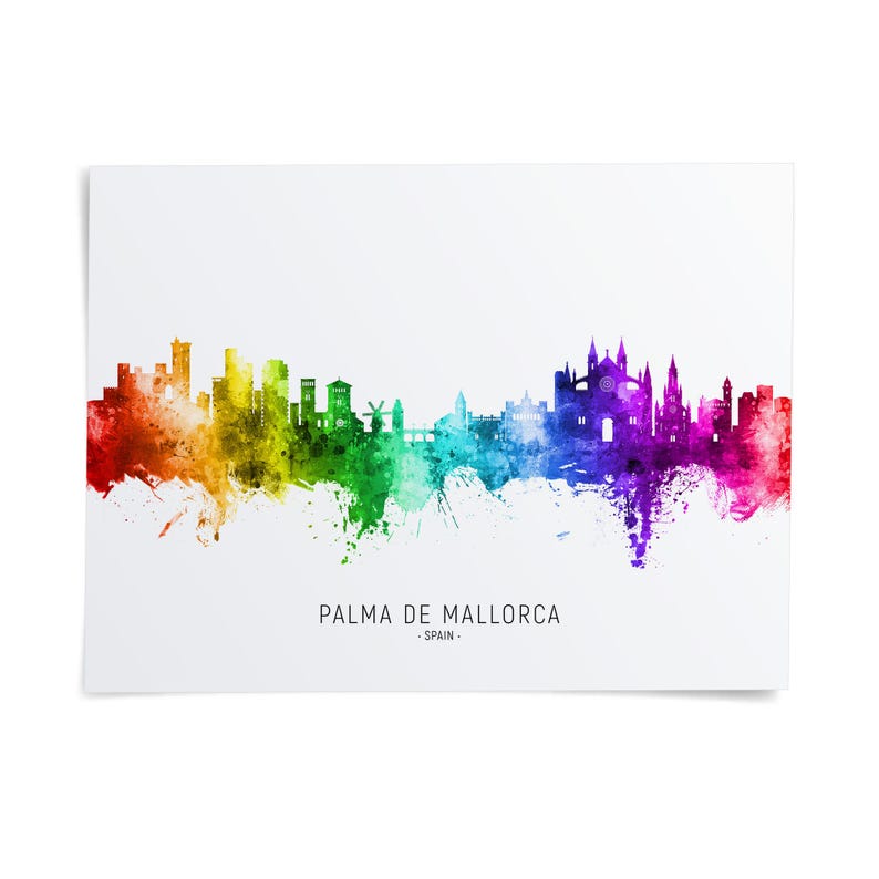 A colorful, abstract representation of the skyline of Palma de Mallorca, Spain, with various buildings and landmarks depicted in a vibrant, watercolor-like style.