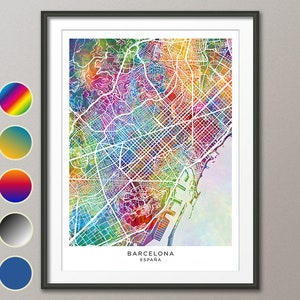Barcelona kaart, Spanje stadskaart, aquarel Art Print Poster (31259)