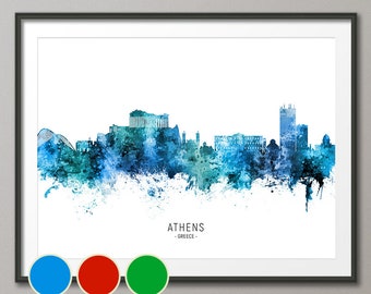 Athens Skyline Greece, Cityscape Art Poster Print Blue Red Green (20767)