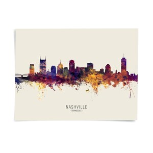 A colorful, abstract representation of the Nashville skyline, with the city's iconic buildings and landmarks depicted in a watercolor-like style.