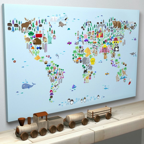 Animal Map of the World Map for children and kids, Canvas Art Print (613)