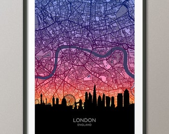 London England Skyline Map, Cityscape Art Print Poster (32259)