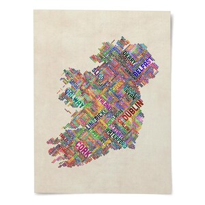 The image is a collage of various words and phrases that represent different cities and locations, such as Cork, Dublin, Belfast, and others, arranged in a visually striking and colorful manner.
