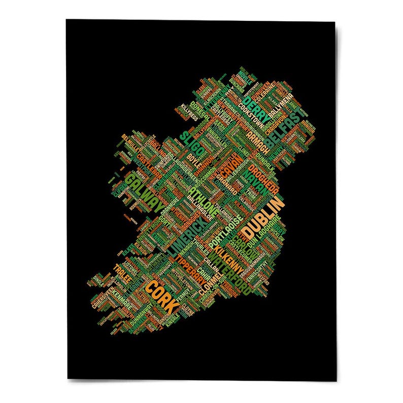 The image is a collage of various words and phrases that represent different locations in Ireland, such as Cork, Dublin, and Galway, arranged in a visually striking and colorful manner against a black background.