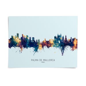 A colorful, abstract representation of the skyline of Palma de Mallorca, Spain, with various buildings and landmarks depicted in a stylized manner.