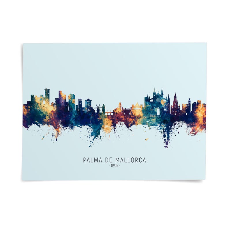 A colorful, abstract representation of the skyline of Palma de Mallorca, Spain, with various buildings and landmarks depicted in a stylized manner.