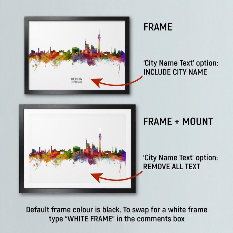 two framed cityscape images, each with different frame options and color schemes. The first frame has a black frame, while the second frame has a white frame. The text in the image provides information about the frame options and suggests that the frame color can be changed to a white frame.